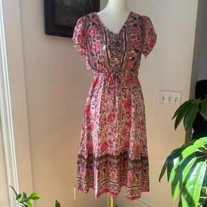 SHEIN Pink Floral Midi Dress with Teal and Brown Accents